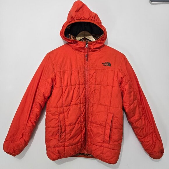 The North Face Boys Reversible Hooded Puffer Jacket Size XL Blue Plaid Full Zip